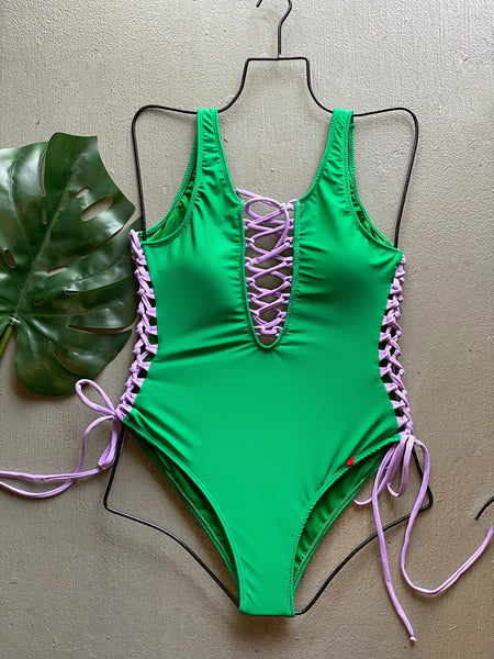 Verde & Lila Lace Up One Piece