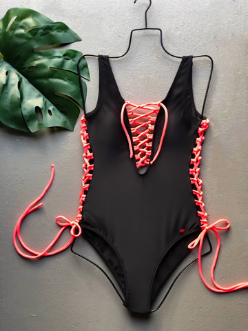 Neon & Black Lace Up One Piece